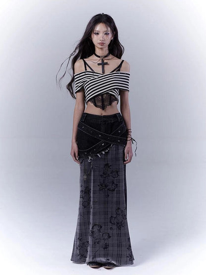 One Shoulder Grid Bandage Stripe Top