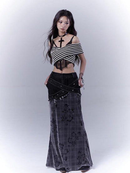 WSW WUSHENWU One Shoulder Grid Bandage Stripe Top