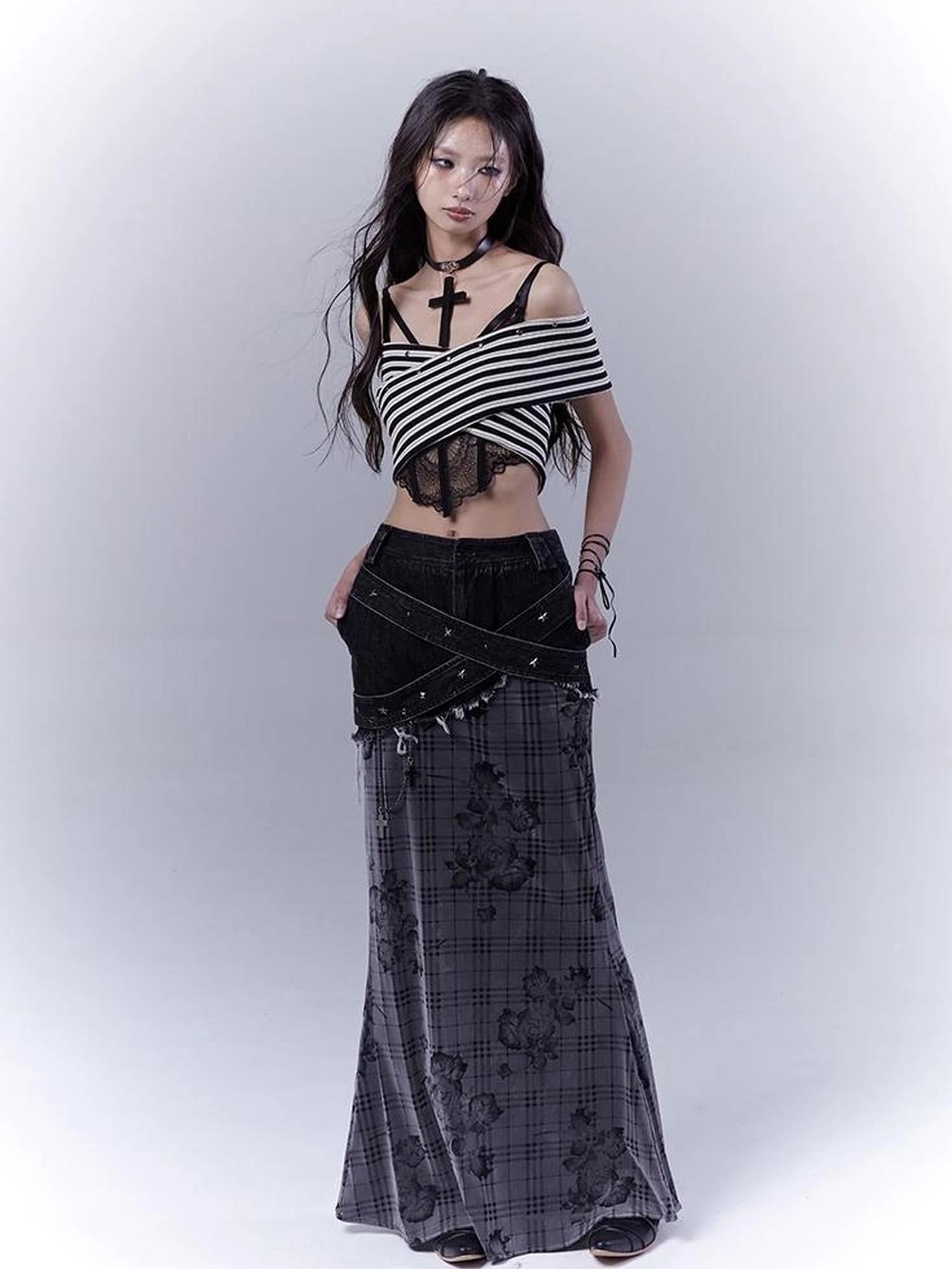 One Shoulder Grid Bandage Stripe Top