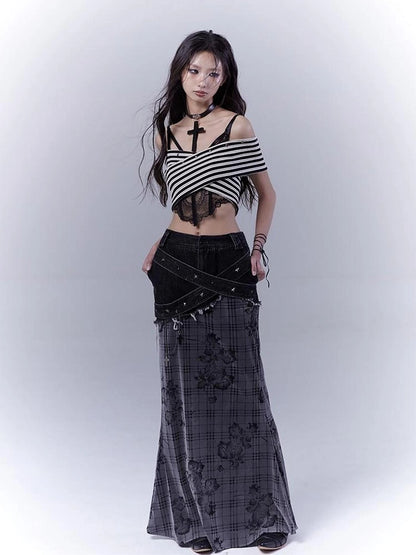 One Shoulder Grid Bandage Stripe Top