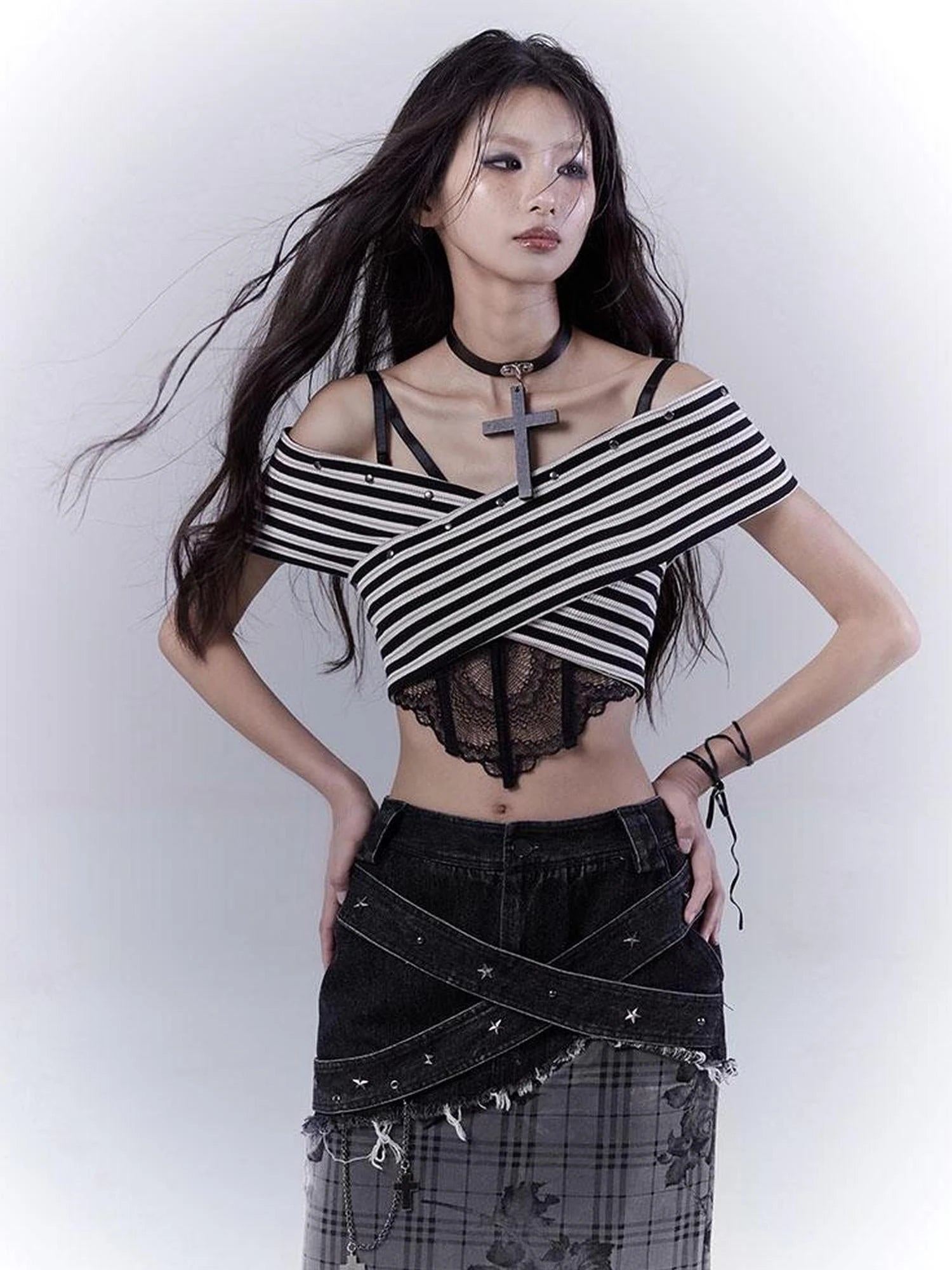 One Shoulder Grid Bandage Stripe Top
