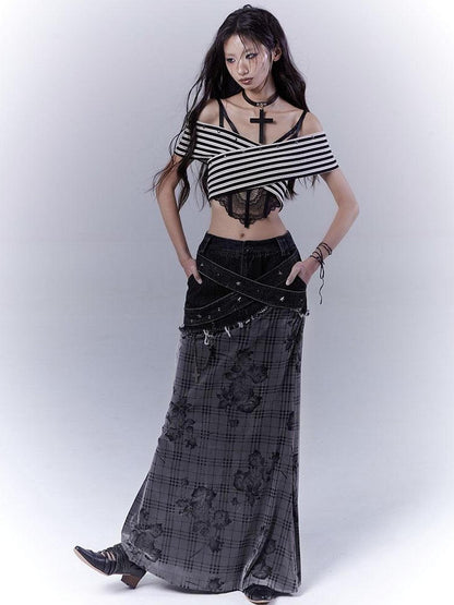 WSW WUSHENWU One Shoulder Grid Bandage Stripe Top