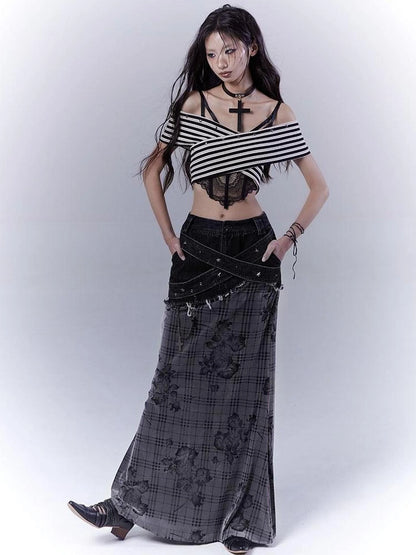 One Shoulder Grid Bandage Stripe Top