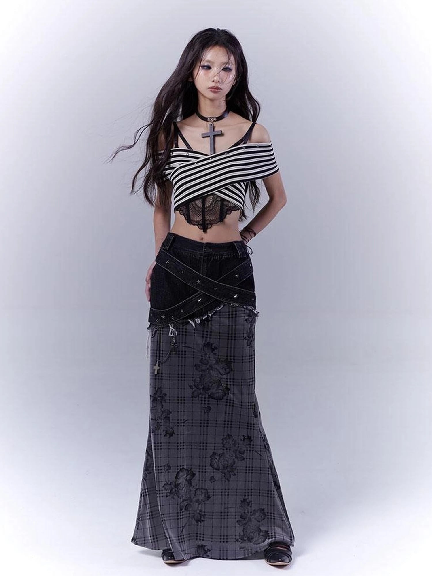 One Shoulder Grid Bandage Stripe Top