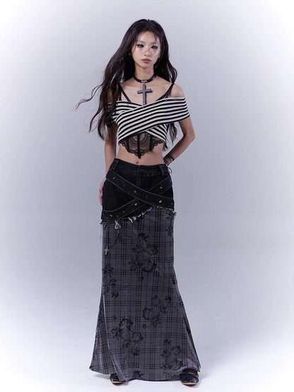 One Shoulder Grid Bandage Stripe Top