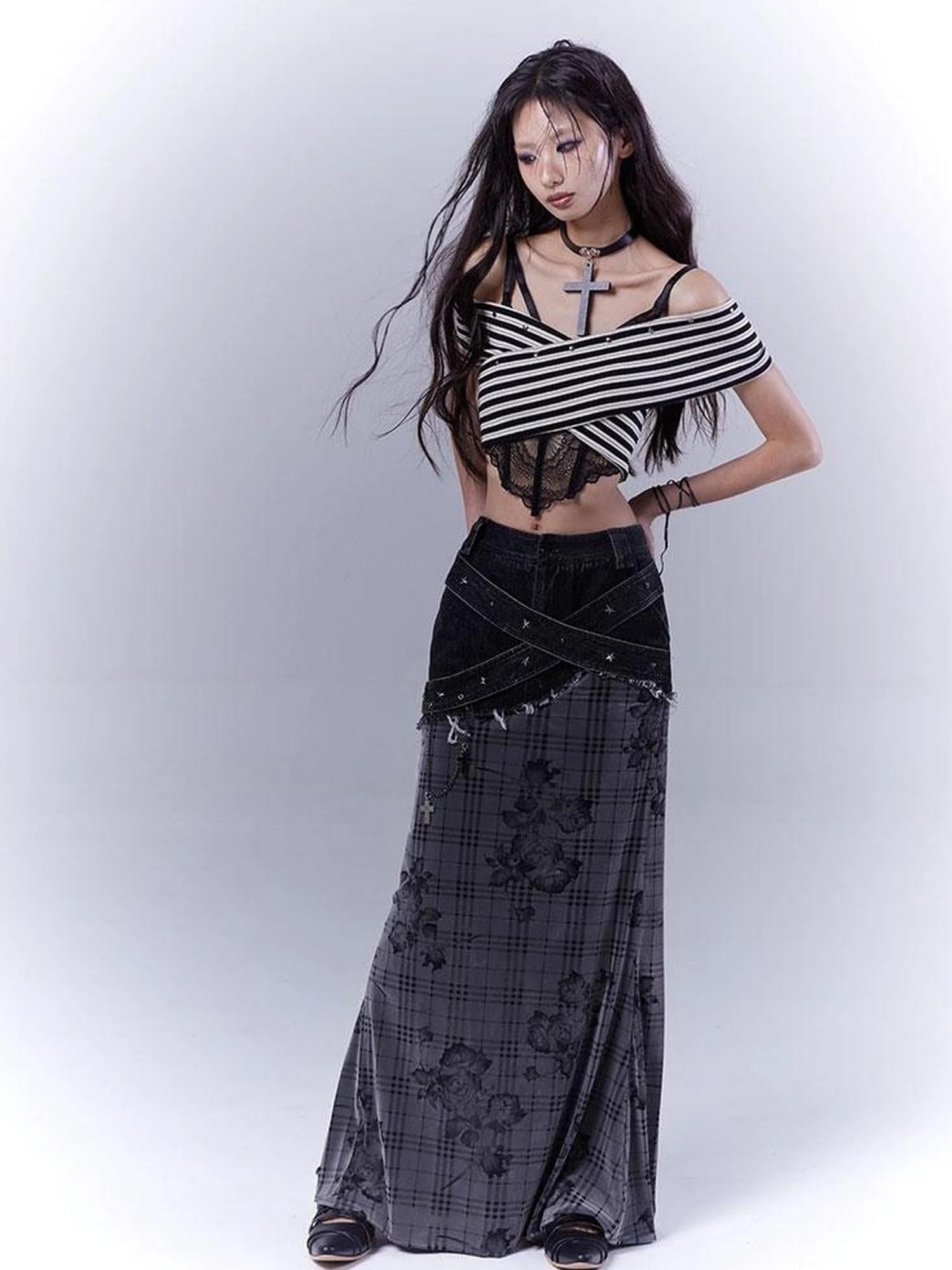 One Shoulder Grid Bandage Stripe Top