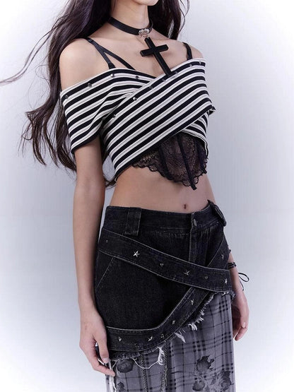 One Shoulder Grid Bandage Stripe Top