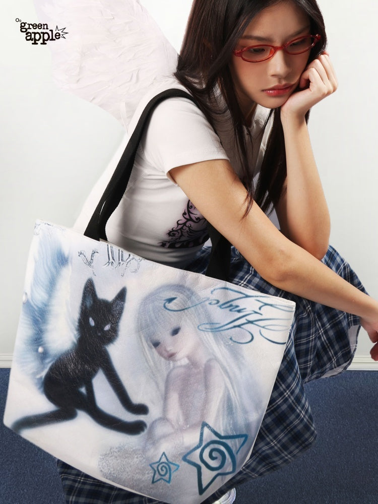 Oogreenapple_Angel_Cat_Print_Y2k_Highstreet_Rectangular_Tote_Women&
