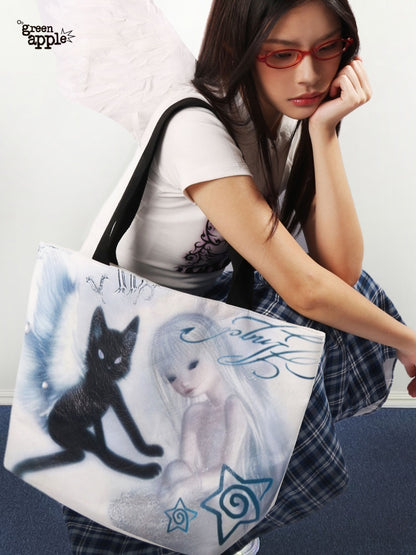 Oogreenapple_Angel_Cat_Print_Y2k_Highstreet_Rectangular_Tote_Women&