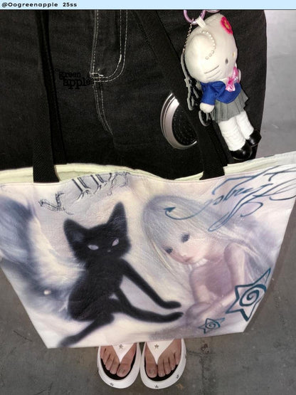 Oogreenapple Angel Cat Print Y2k Highstreet Rectangular Tote Women&
