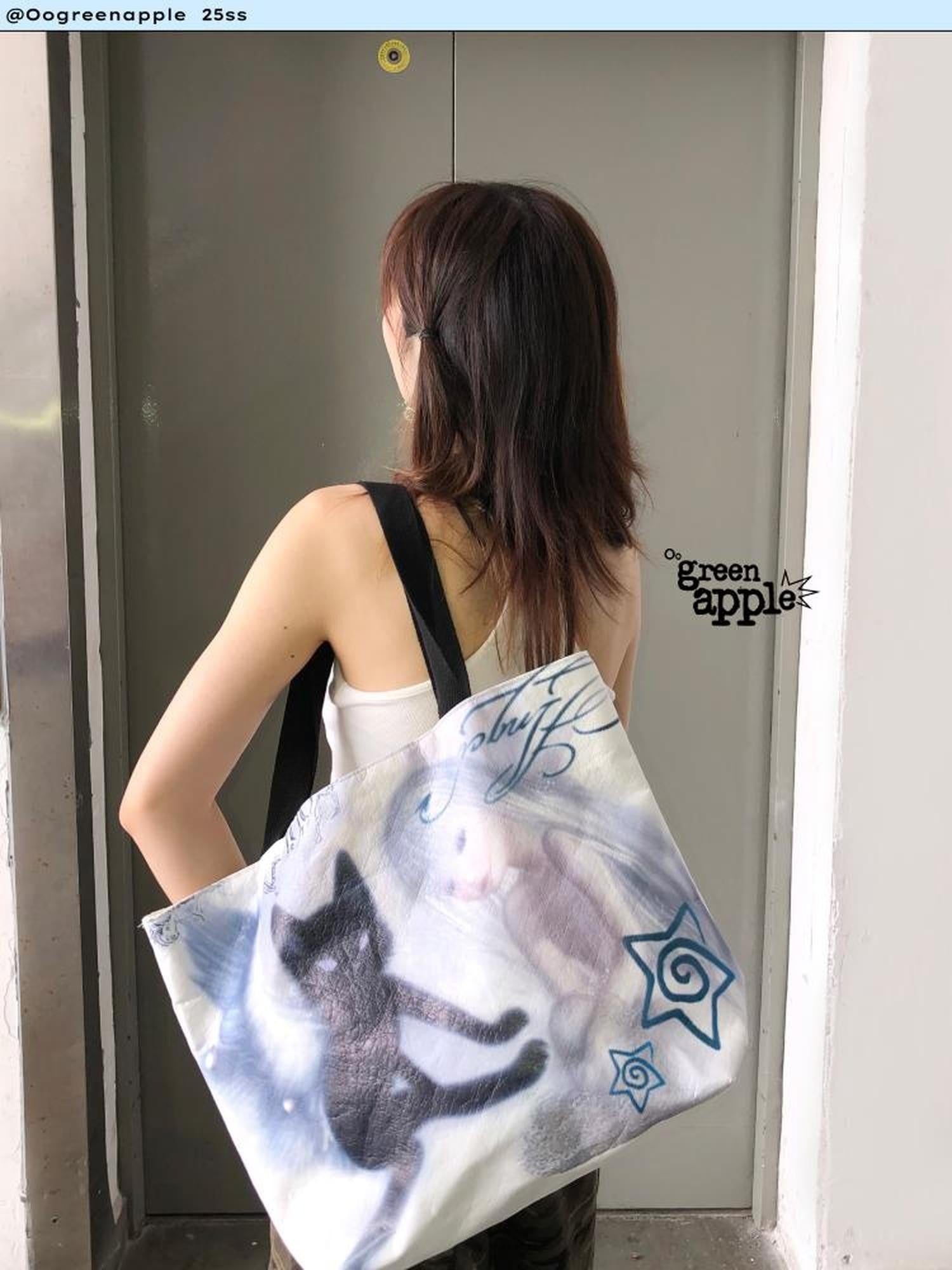 Oogreenapple Angel Cat Print Y2k Highstreet Rectangular Tote Women&
