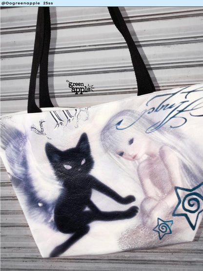Oogreenapple Angel Cat Print Y2k Highstreet Rectangular Tote Women&