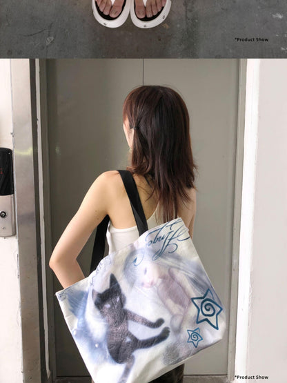 Oogreenapple Angel Cat Print Y2k Highstreet Rectangular Tote Women&