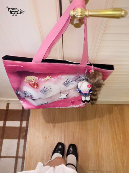 Oogreenapple Big Eye Rhinestone Print Single Strap Tote Women&