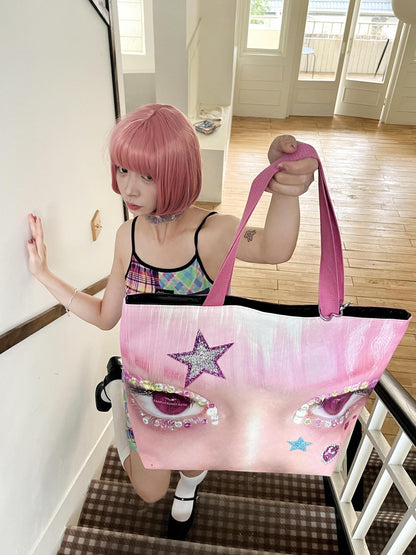 Oogreenapple Big Eye Rhinestone Print Single Strap Tote Women&