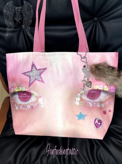 Oogreenapple Big Eye Rhinestone Print Single Strap Tote Women&