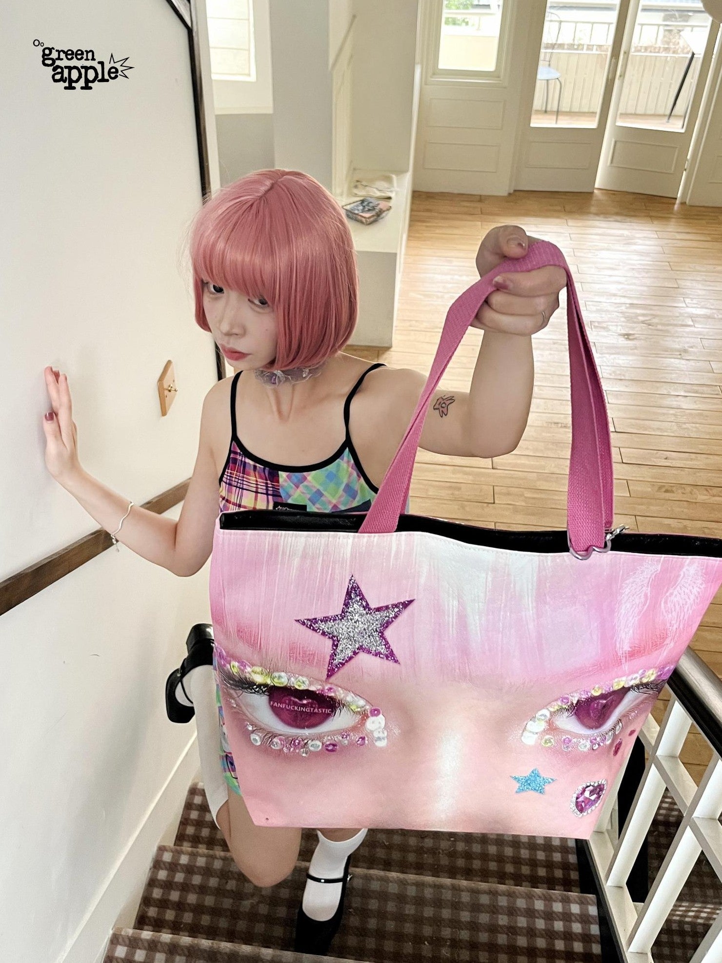 Oogreenapple Big Eye Rhinestone Print Single Strap Tote Women&