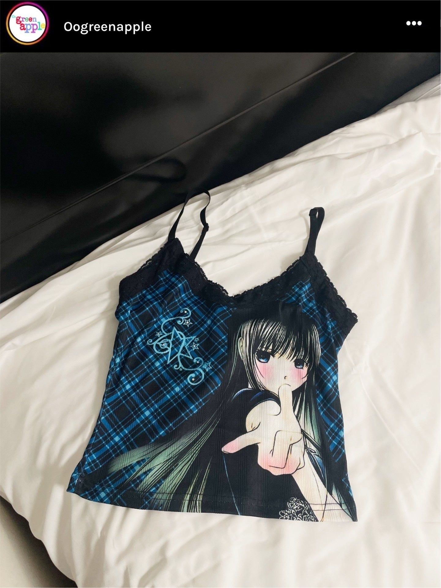 Oogreenapple_Blue_Plaid_Rhinestone_Lace_Handpainted_Print_Women&