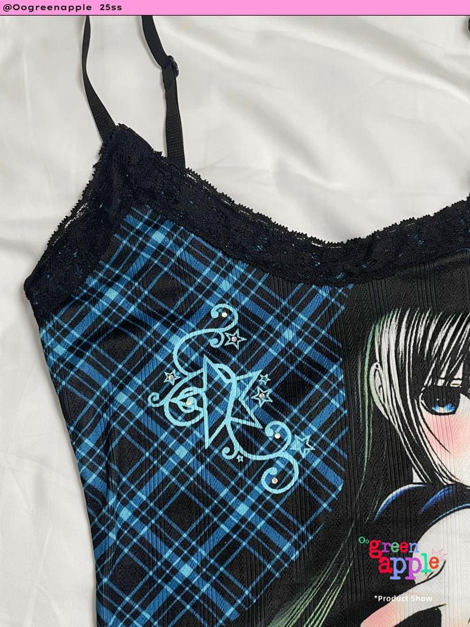 Oogreenapple Blue Plaid Rhinestone Lace Handpainted Print Women&