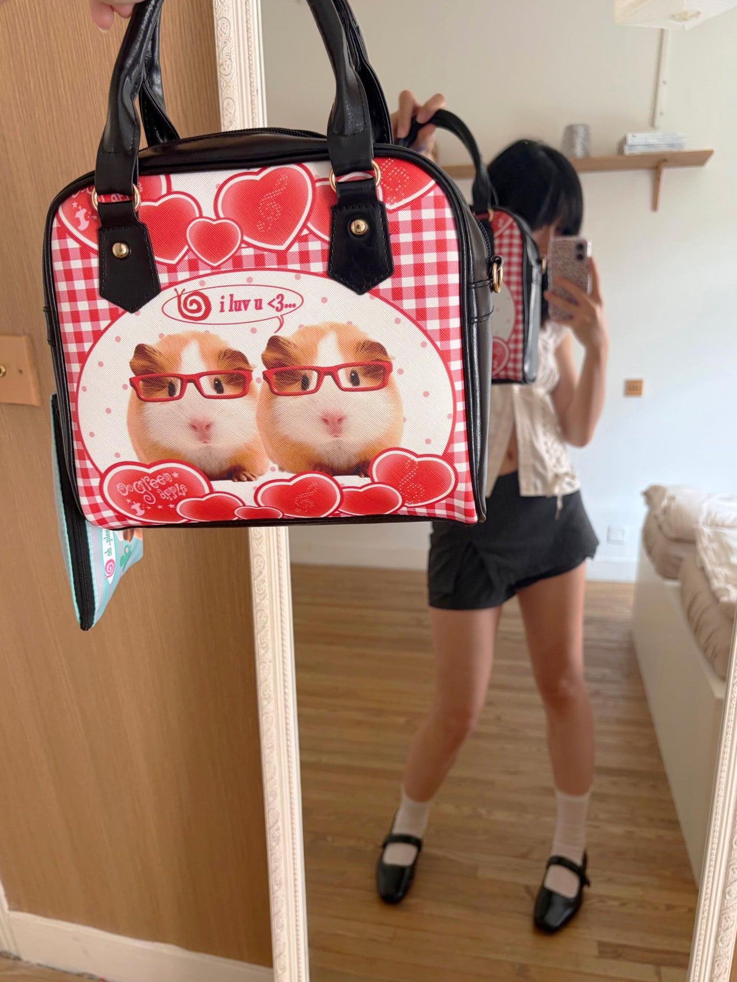 Oogreenapple Boxy Vintage Plaid Heart Guinea Pig Women&