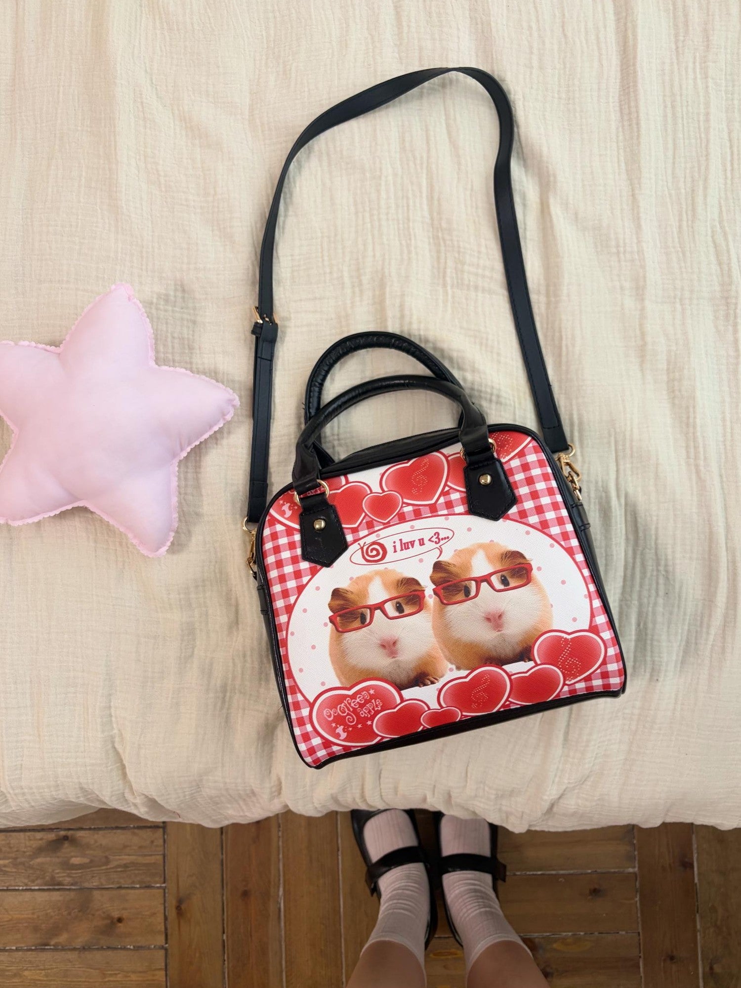 Oogreenapple Boxy Vintage Plaid Heart Guinea Pig Women&