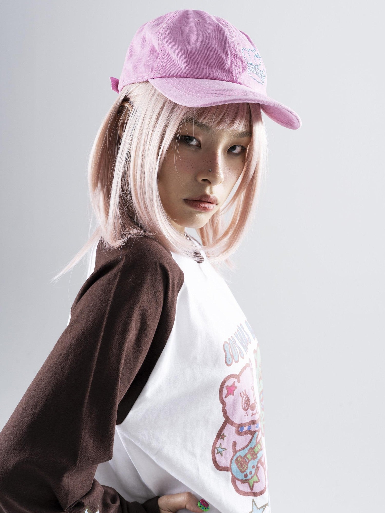 Oogreenapple Cute Hand Drawn Rock Bear Raglan Loose Fit Women&