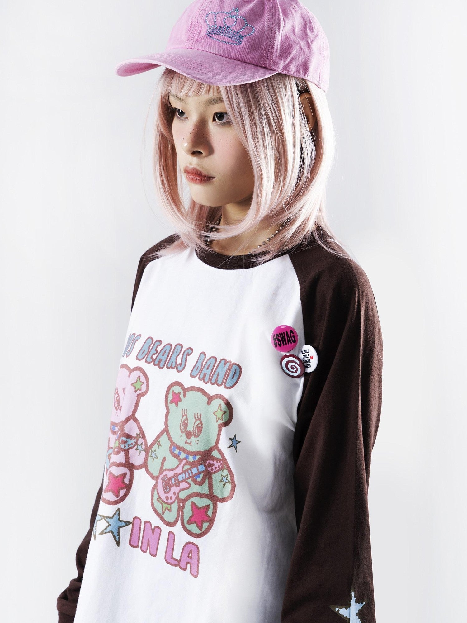 Oogreenapple Cute Hand Drawn Rock Bear Raglan Loose Fit Women&