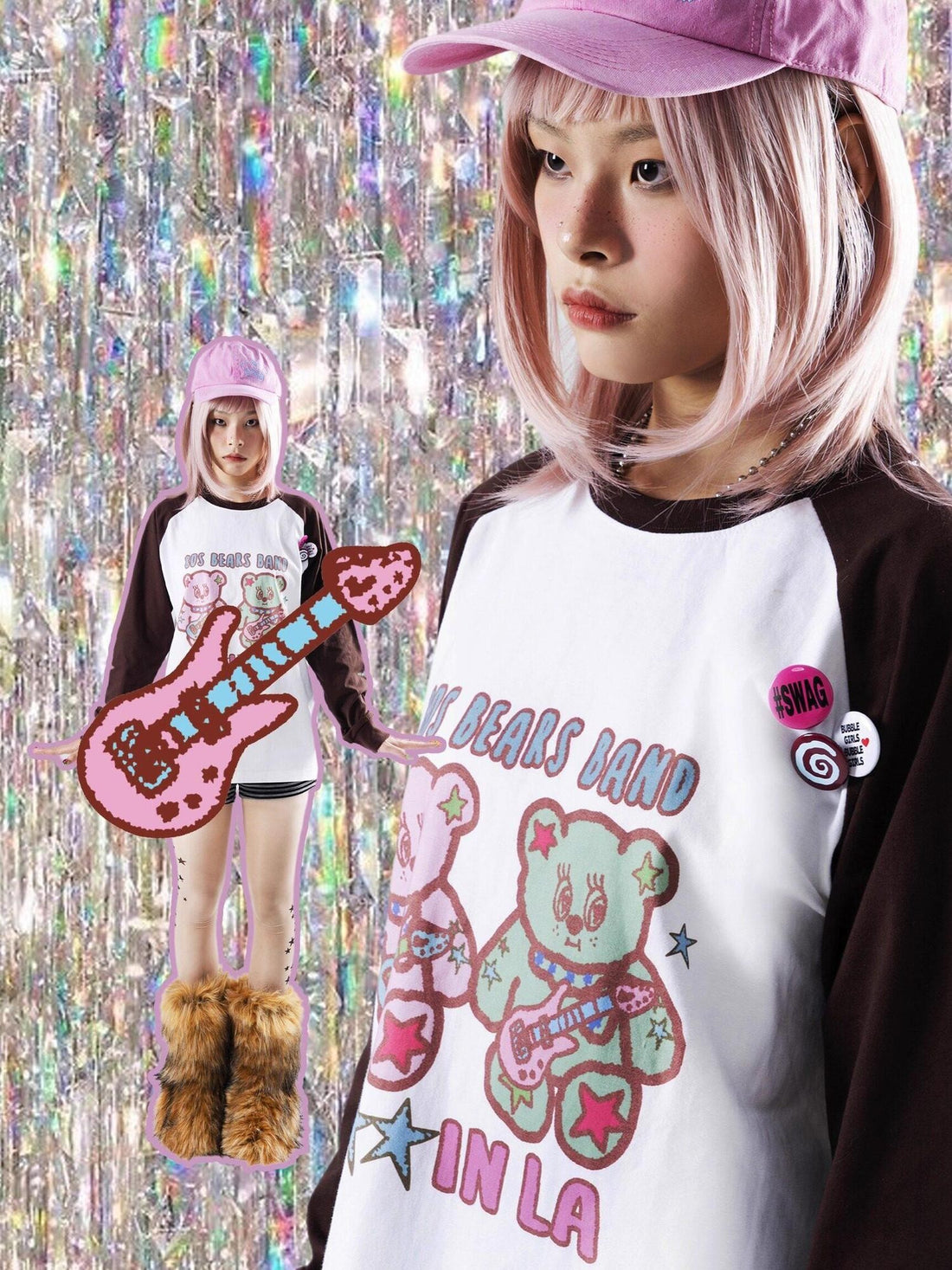 Oogreenapple Cute Hand Drawn Rock Bear Raglan Loose Fit Women&