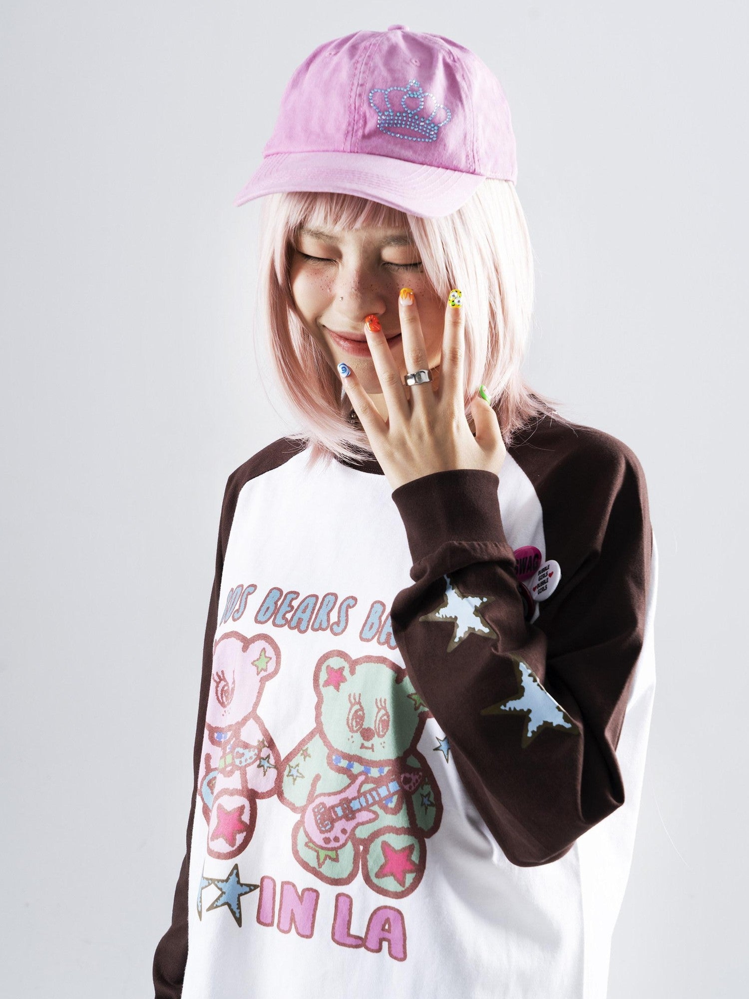 Oogreenapple Cute Hand Drawn Rock Bear Raglan Loose Fit Women&