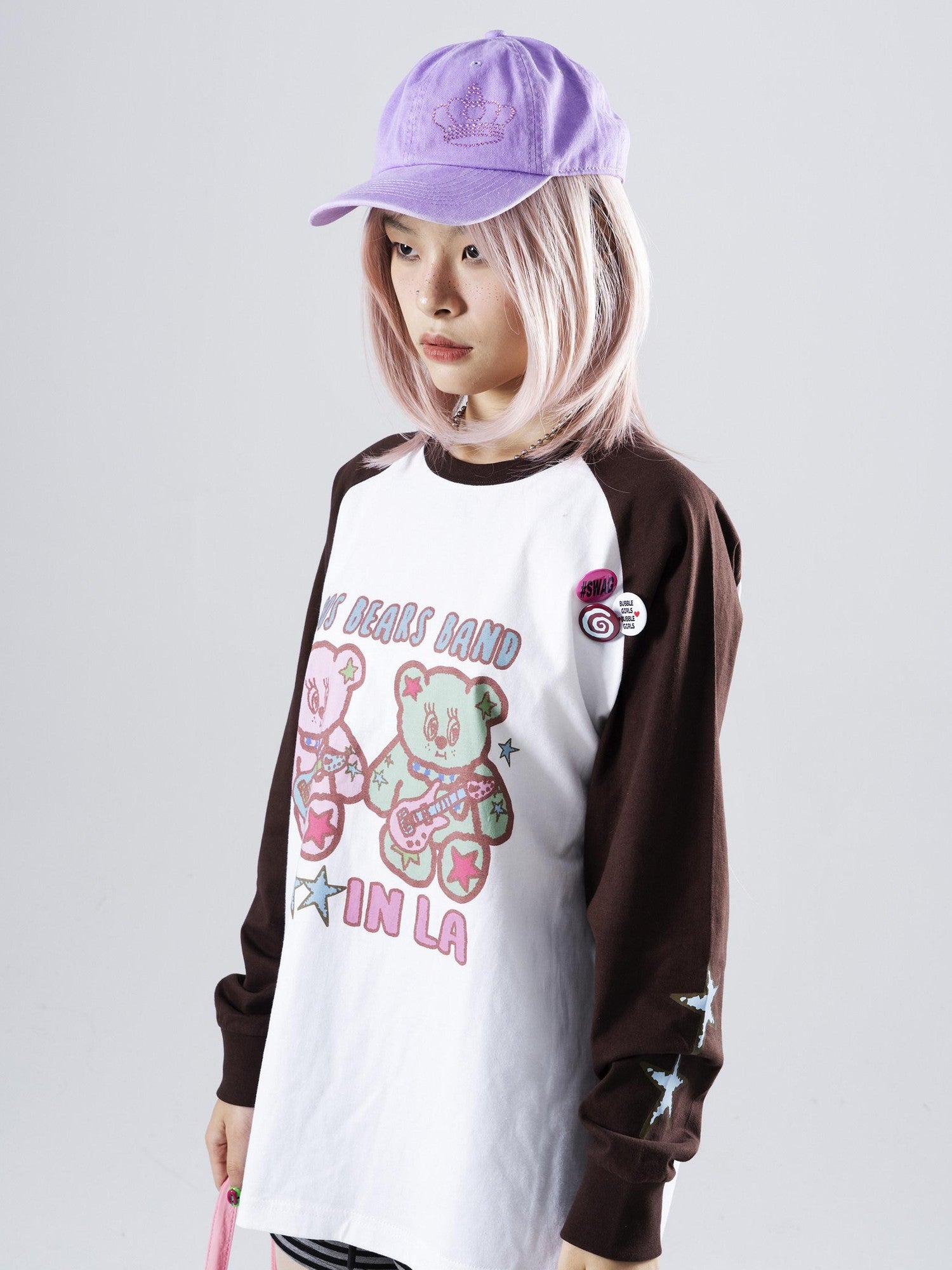 Oogreenapple Cute Hand Drawn Rock Bear Raglan Loose Fit Women&