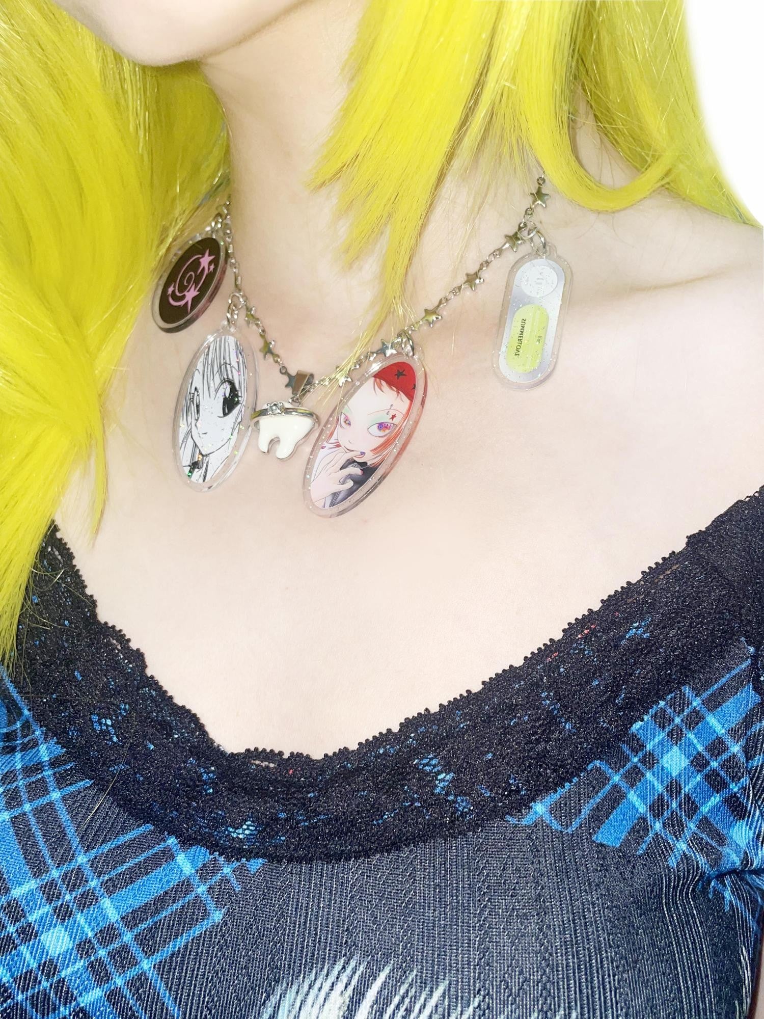 Oogreenapple Hand Painted Comic Y2k Tooth And Star Original Handmade Women&