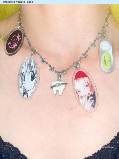 Oogreenapple Hand Painted Comic Y2k Tooth And Star Original Handmade Women&