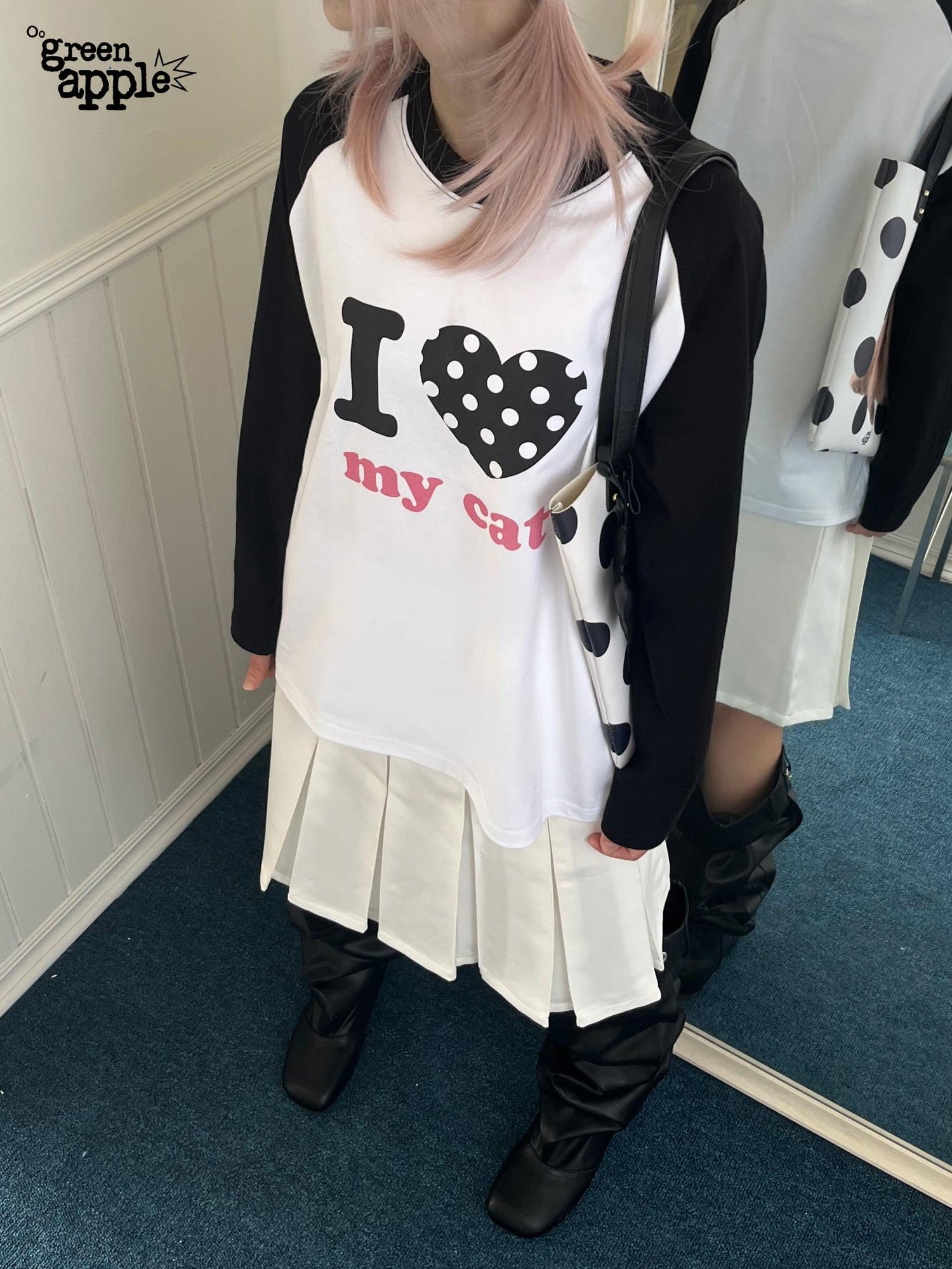 Oogreenapple I Love Bed And Cat Original Print Raglan Sleeve Women&