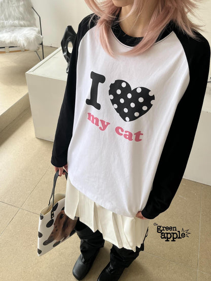 Oogreenapple I Love Bed And Cat Original Print Raglan Sleeve Women&