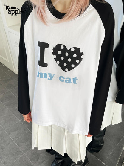 Oogreenapple I Love Bed And Cat Original Print Raglan Sleeve Women&