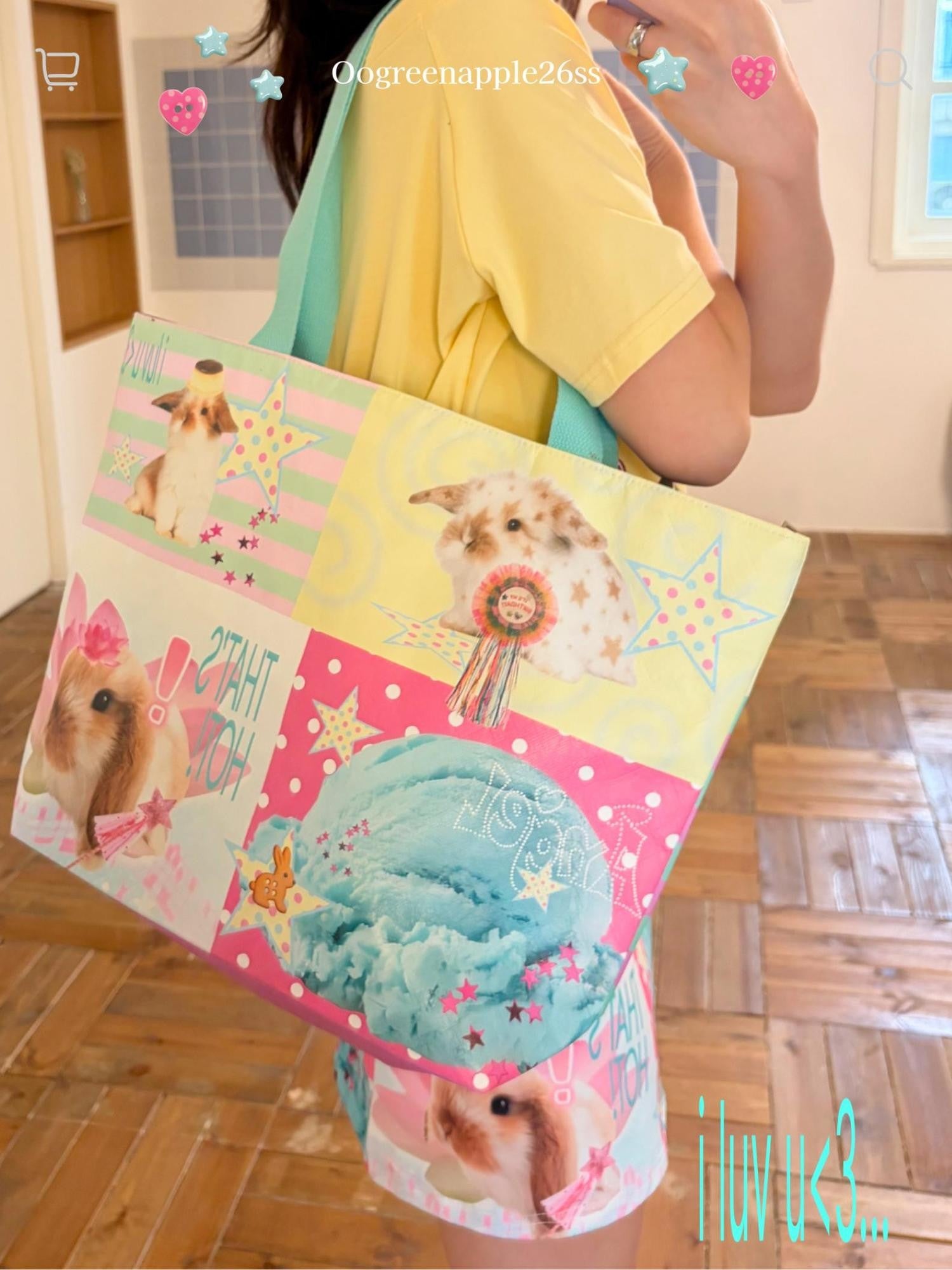 Oogreenapple Ice Cream Bunny Print Large Capacity Tote Women&