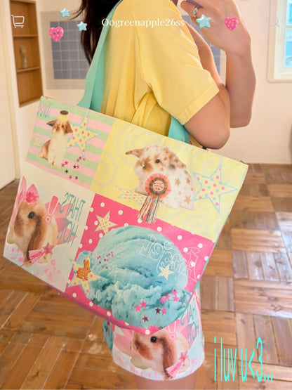 Oogreenapple Ice Cream Bunny Print Large Capacity Tote Women&