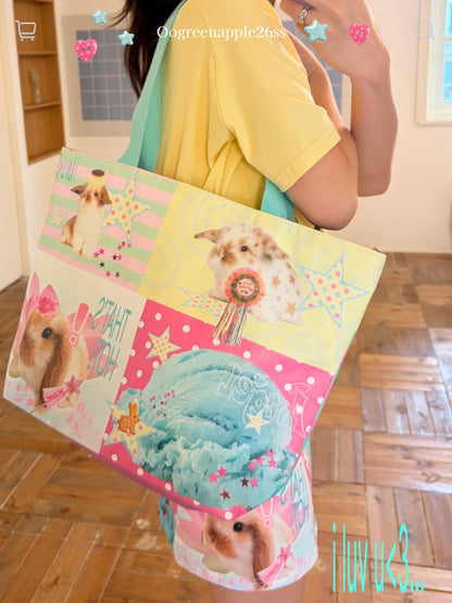 Oogreenapple Ice Cream Bunny Print Large Capacity Tote Women&