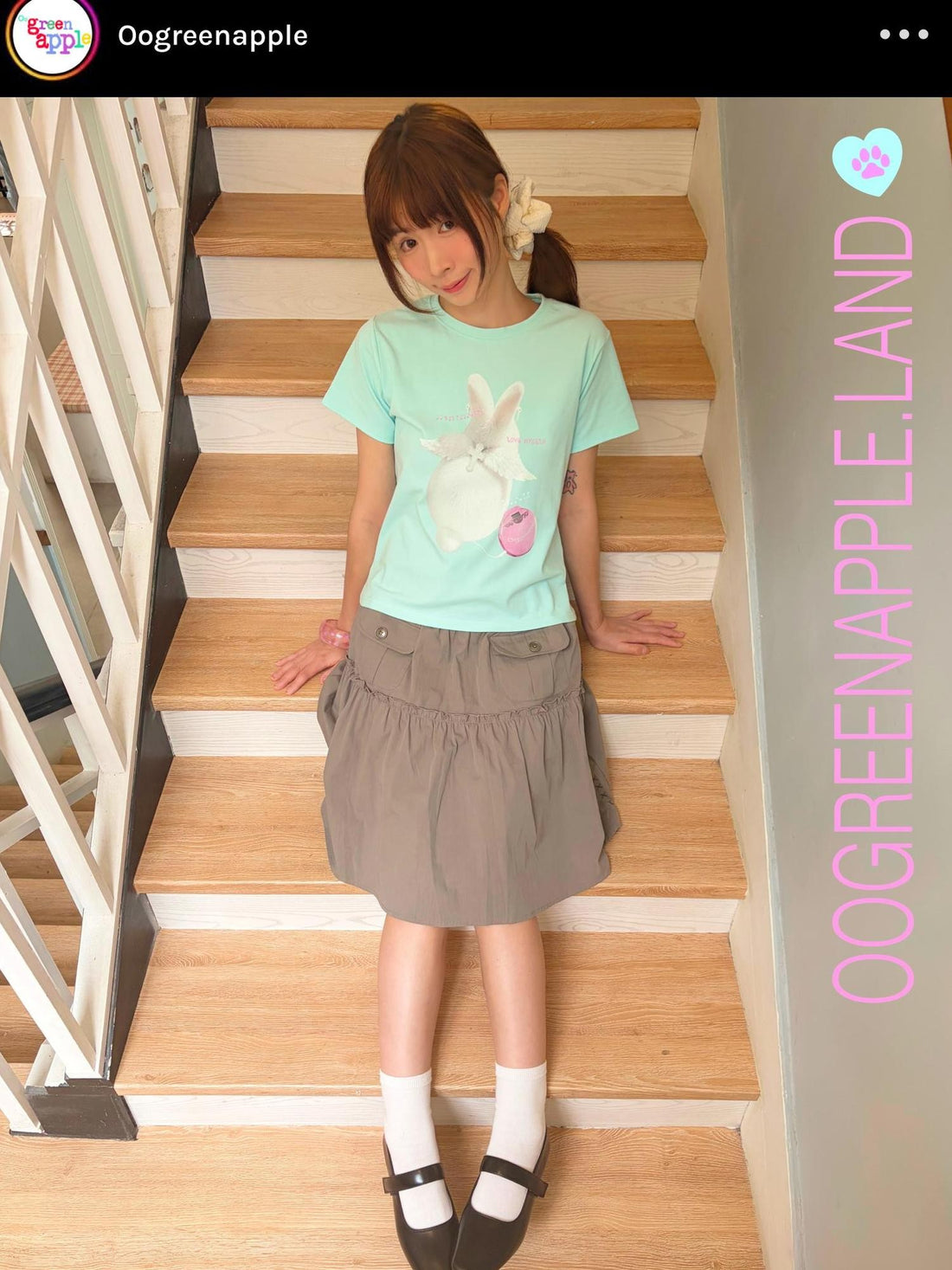 Oogreenapple Mint Green Angel Rabbit Print Korean Straight Fit Women&