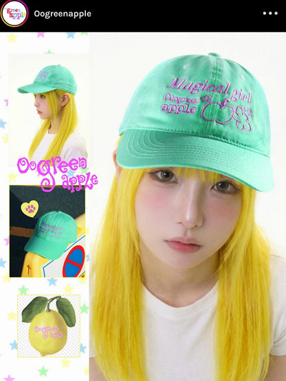 Oogreenapple Mint Green Cartoon Print Wide Brim Rounded Top Women&