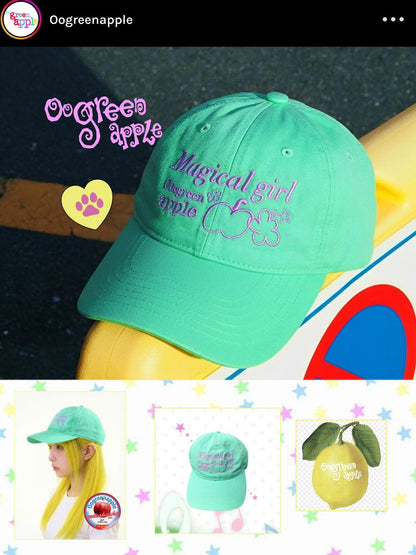 Oogreenapple Mint Green Cartoon Print Wide Brim Rounded Top Women&