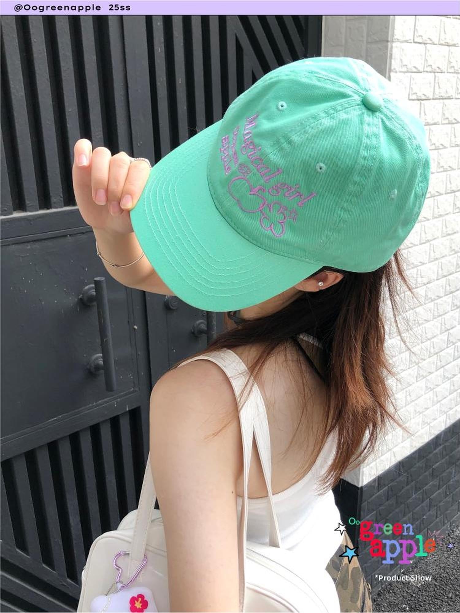 Oogreenapple Mint Green Cartoon Print Wide Brim Rounded Top Women&