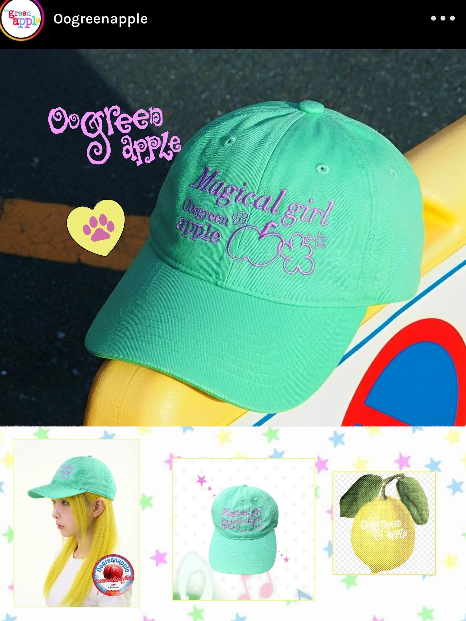 Oogreenapple Mint Green Cartoon Print Wide Brim Rounded Top Women&