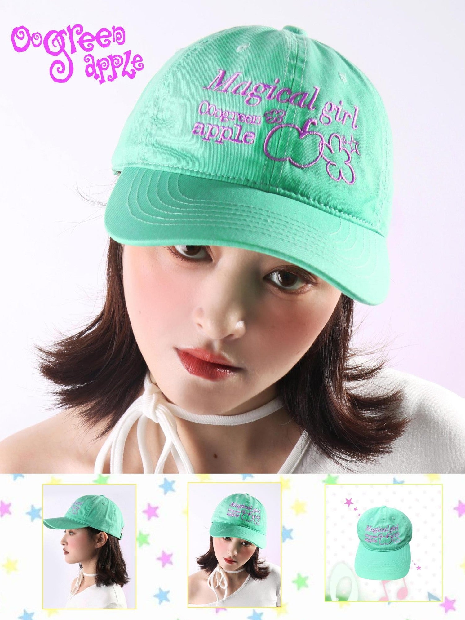 Oogreenapple Mint Green Cartoon Print Wide Brim Rounded Top Women&