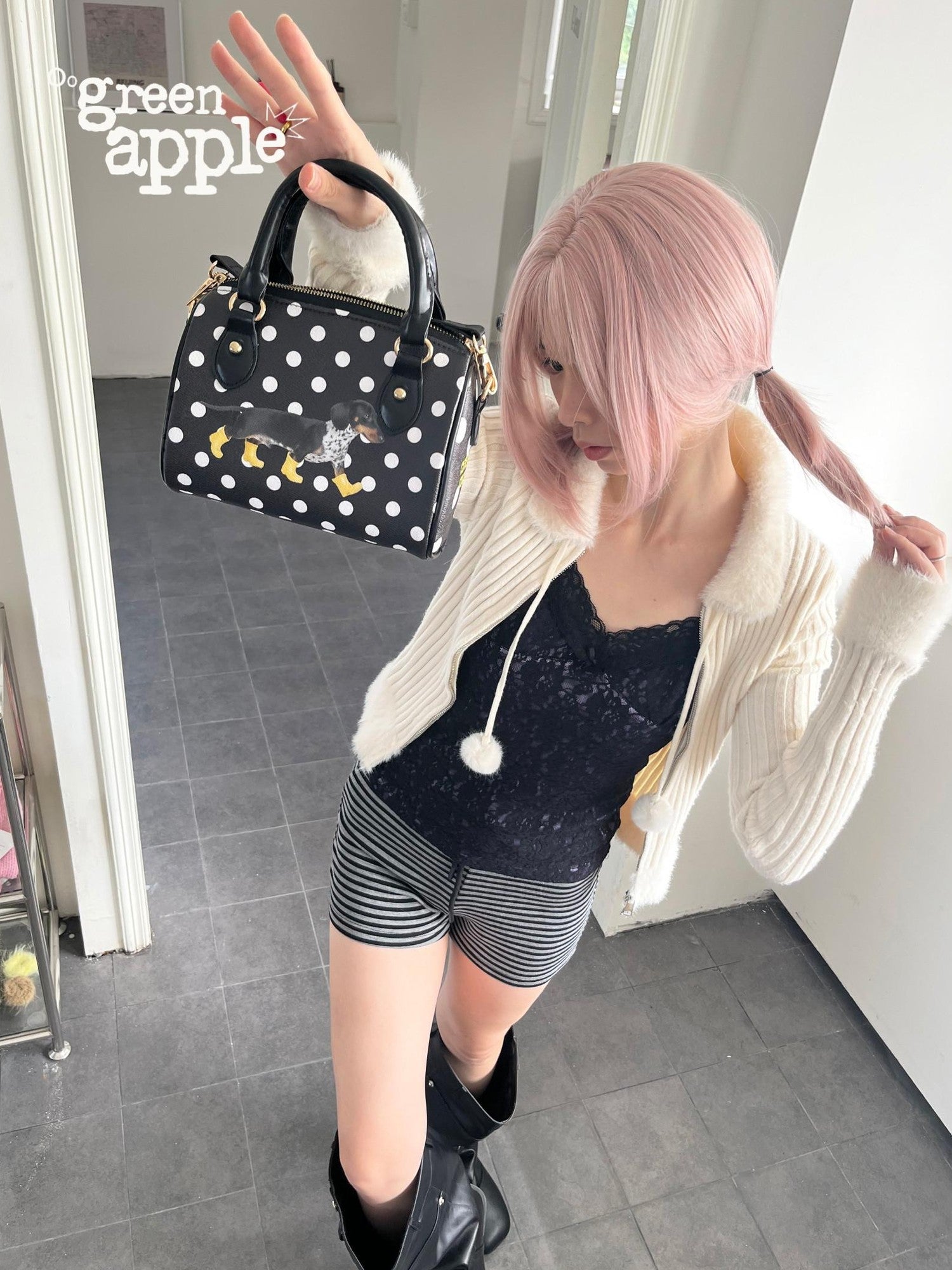 Oogreenapple Polka Dot Dachshund Print Pillow Crossbody Tote Women&
