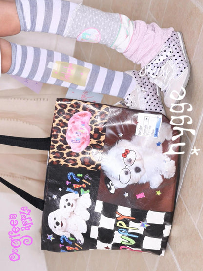 Oogreenapple Puppy Print Oversized Horizontal Tote Women&