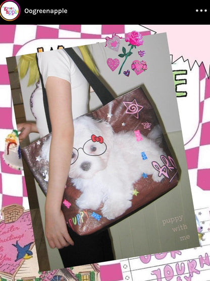 Oogreenapple Puppy Print Oversized Horizontal Tote Women&