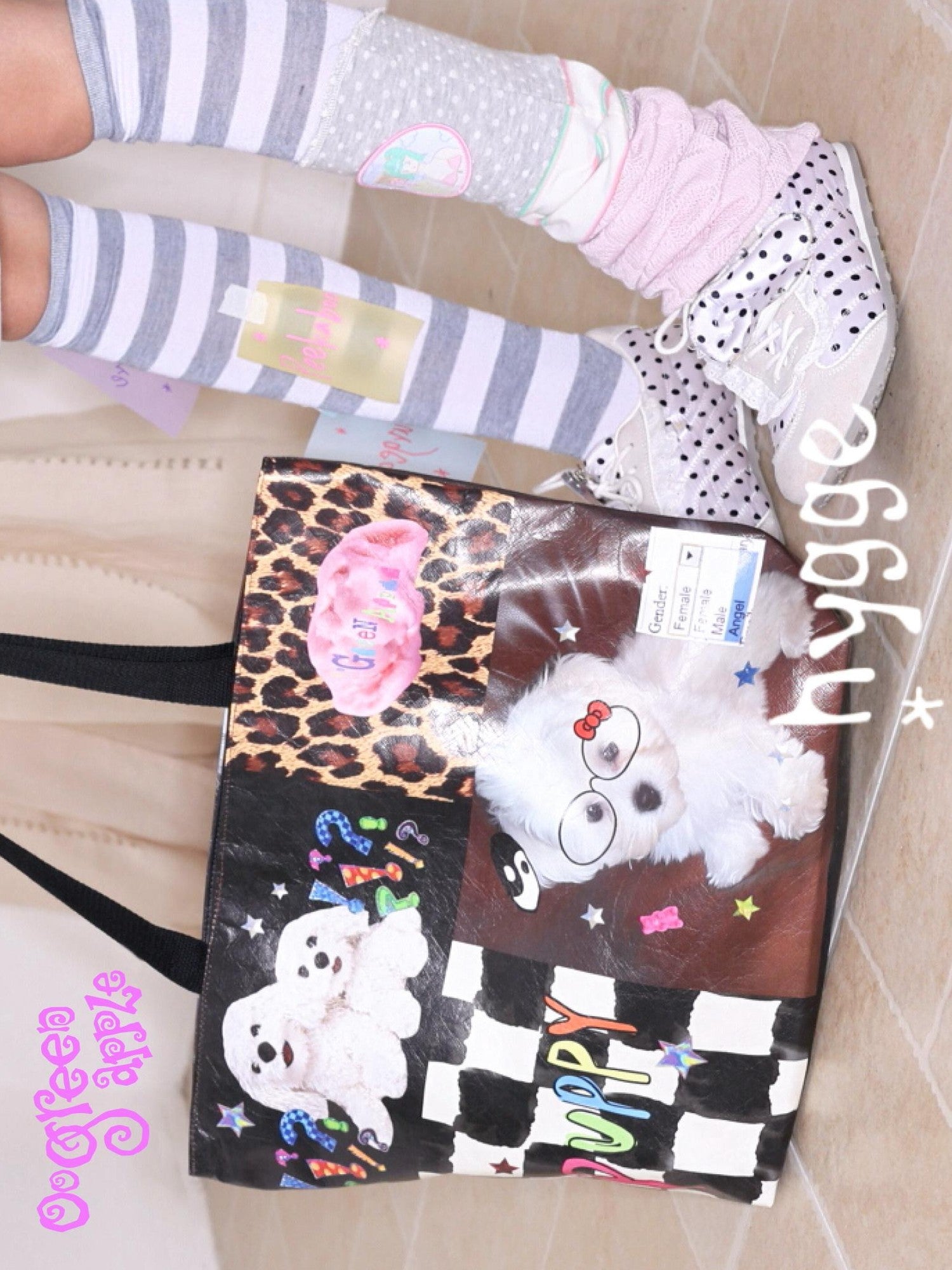 Oogreenapple Puppy Print Oversized Horizontal Tote Women&