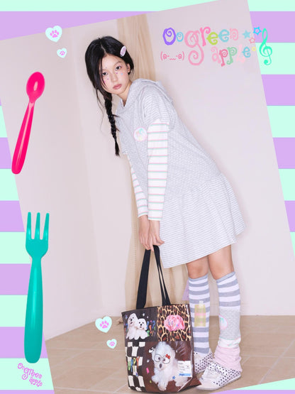 Oogreenapple Puppy Print Oversized Horizontal Tote Women&
