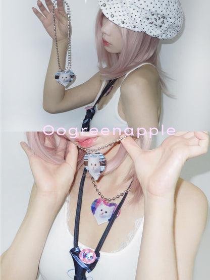 Oogreenapple Purple Glitter Resin Cat Heart Beaded Chain Women&